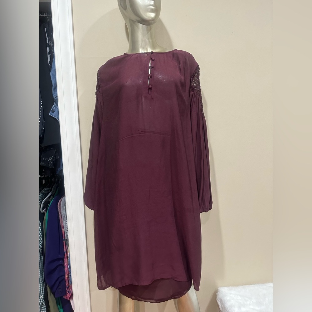 Loft Ann Taylor burgundy Dress Loose Fit Longsleeve Large with lace detail